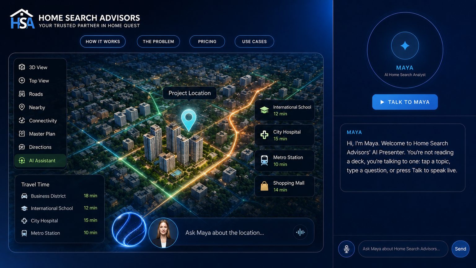 AI Navigator for Home Search Advisors — interactive project map with travel times and Maya answering location questions